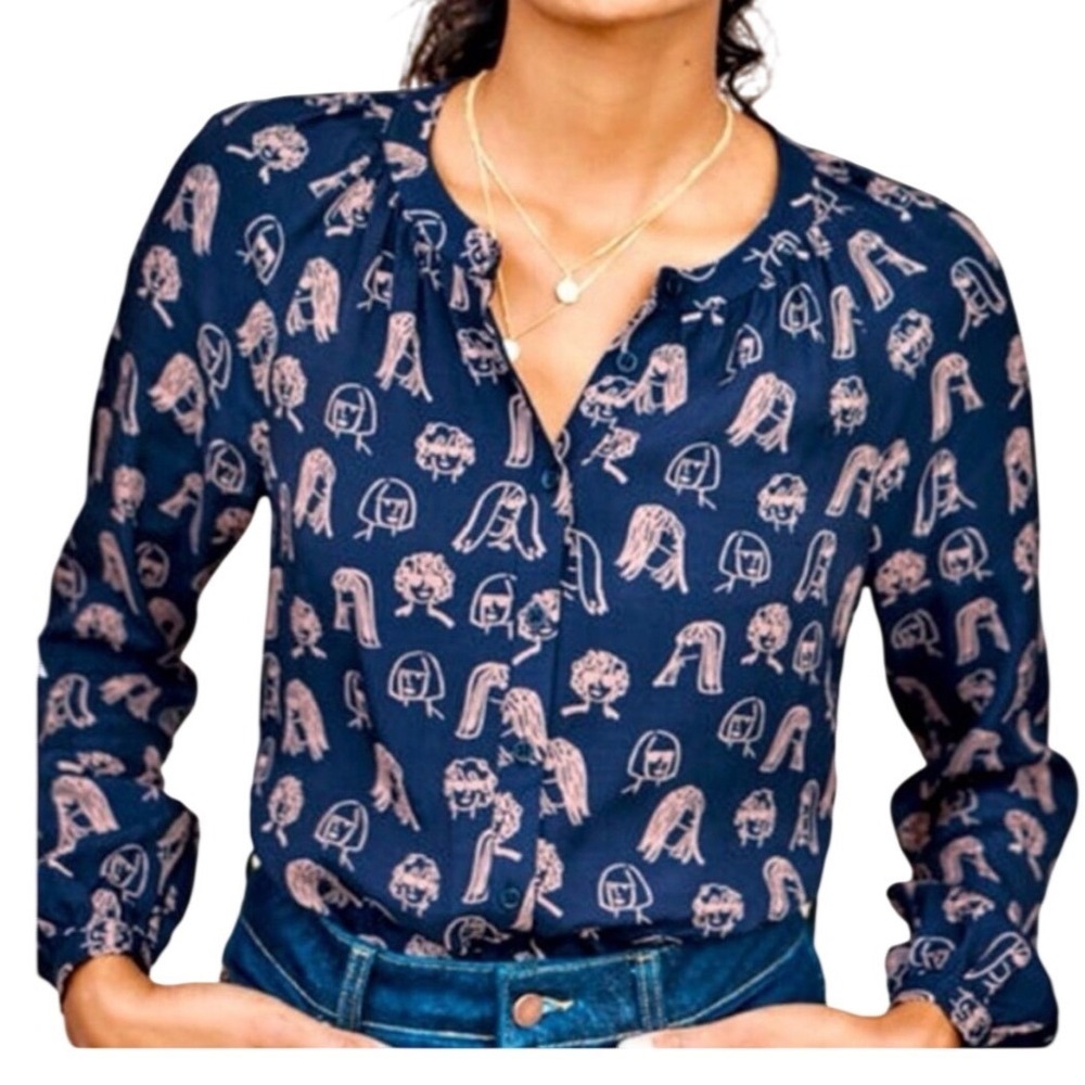 Boden Chit Chat Pink Face Graphic Print Blouse Womens 6 Button Front Long Sleeve